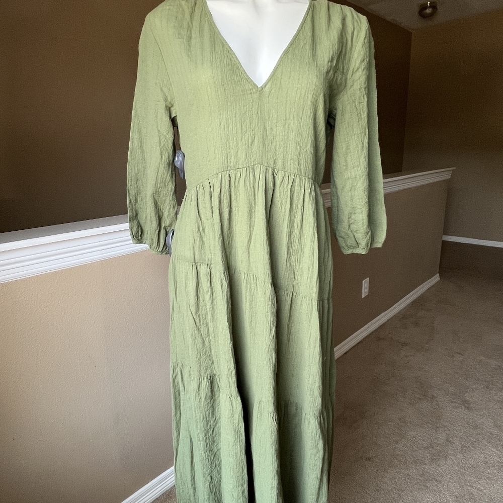 ZARA TIERED TEXTURED DRESS v neck MIDI SIZE XS khaki 8574/028